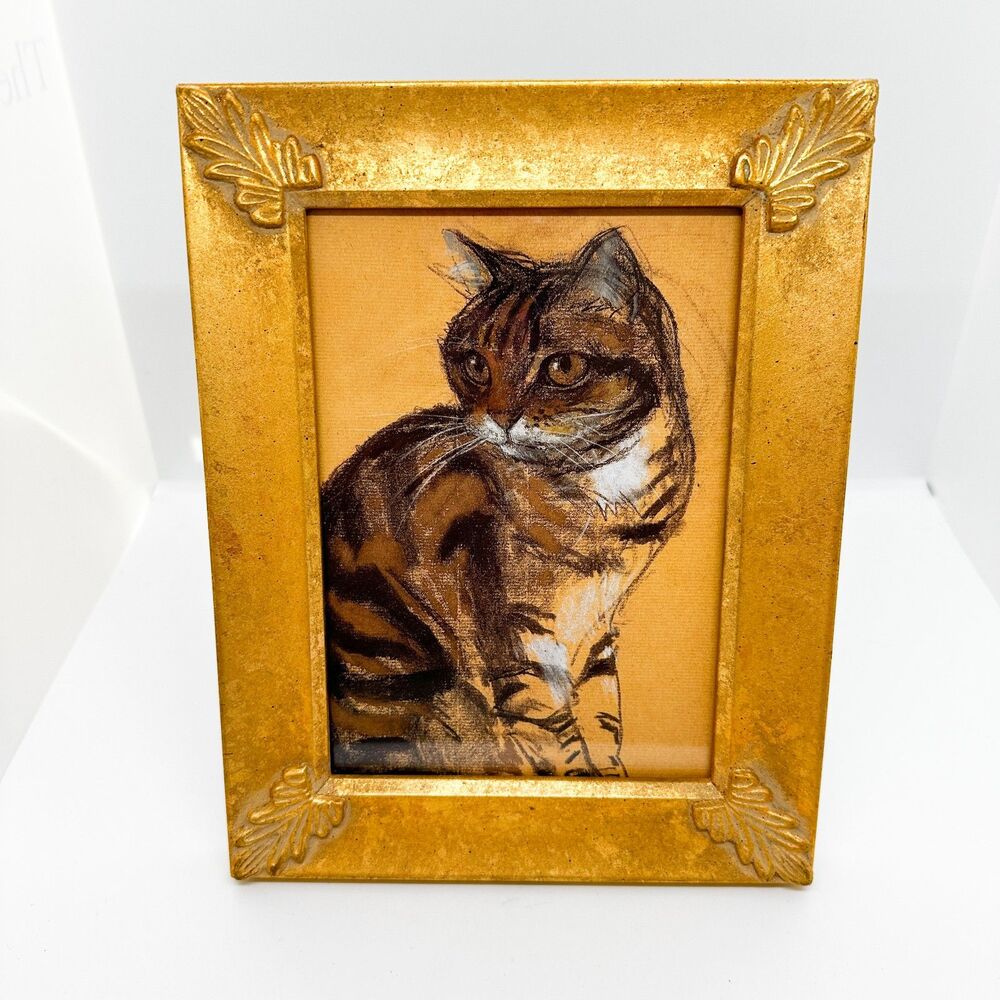 Vintage Gold Foil Wood Framed Postcard Tabby Cat Print Art